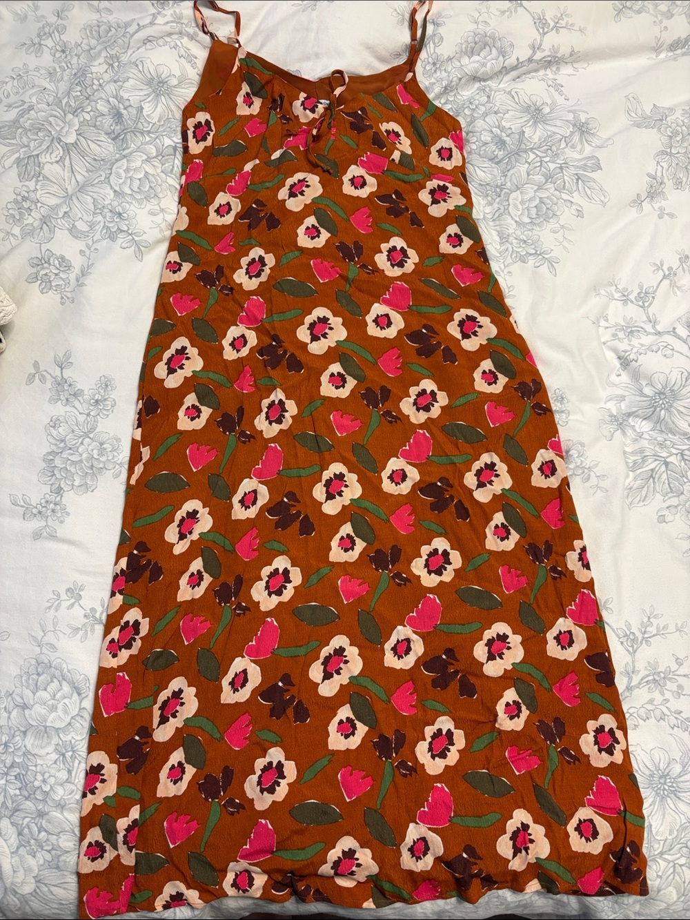 Frank & Oak Rust Floral Maxi Slip Skirt with Pink & Green Accents